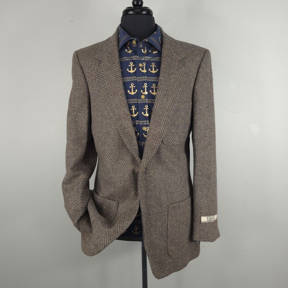 Farah Clothing Co Blazer Mens 40L Brown Herringbone Tweed Sport Coat Jacket USA